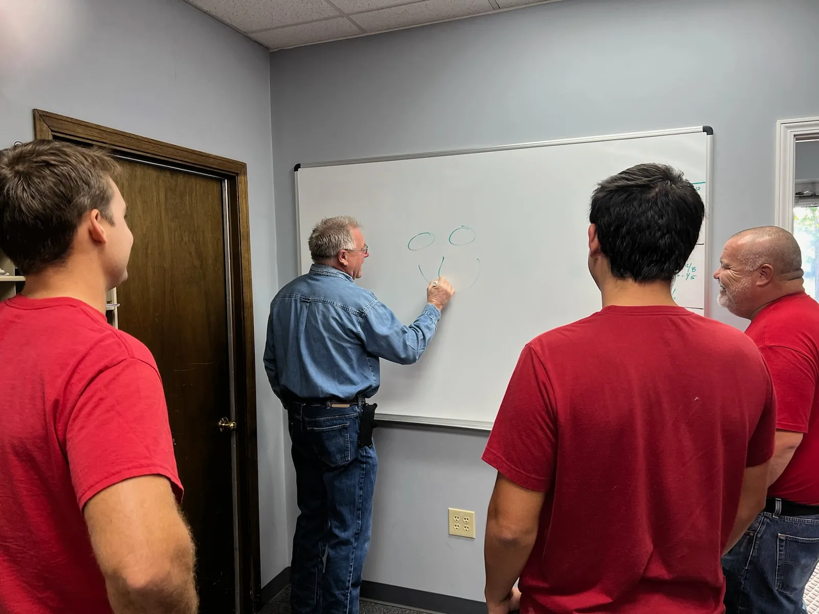 Kansas Controls Wichita - Always learning. Group of techs around a white board.